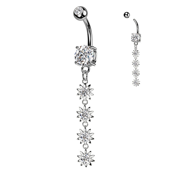316L Surgical Steel White CZ Gem Long Flower Dangly Belly Ring - Pierced Universe