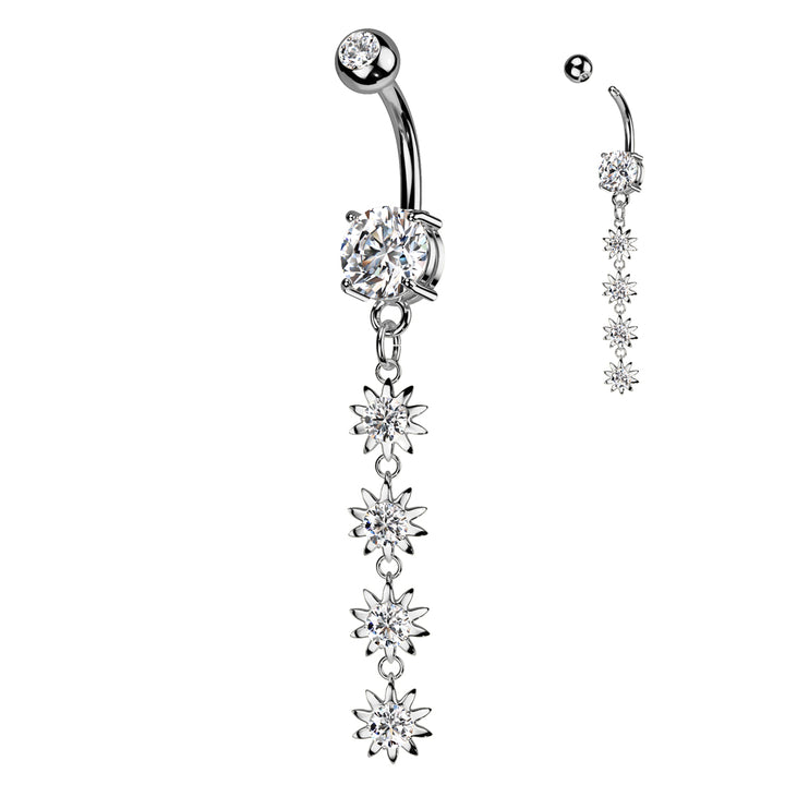 316L Surgical Steel White CZ Gem Long Flower Dangly Belly Ring - Pierced Universe