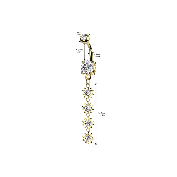 316L Surgical Steel Gold PVD White CZ Gem Long Flower Dangly Belly Ring - Pierced Universe