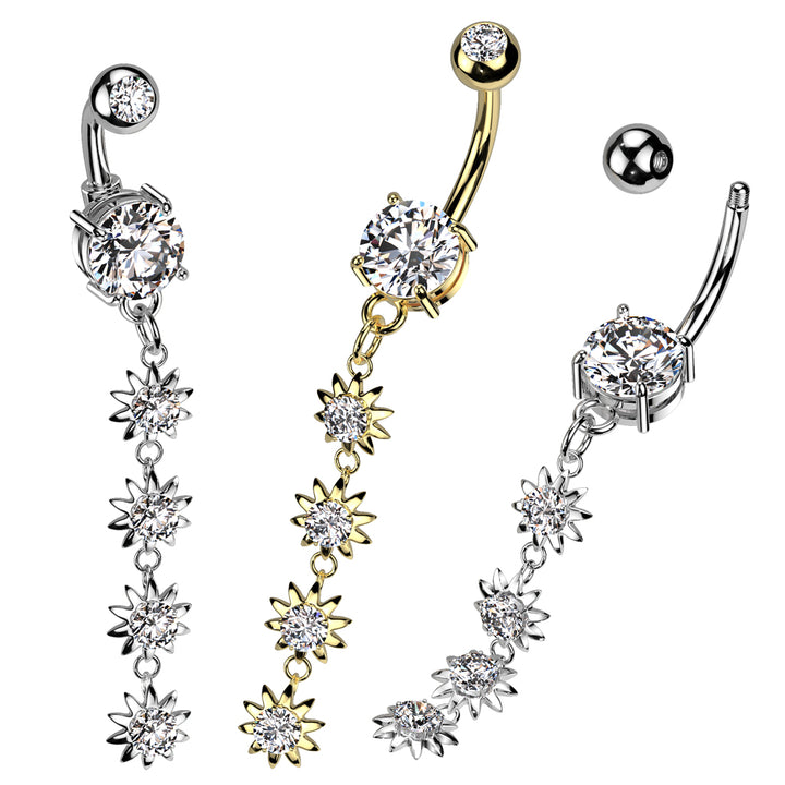 316L Surgical Steel Gold PVD White CZ Gem Long Flower Dangly Belly Ring - Pierced Universe