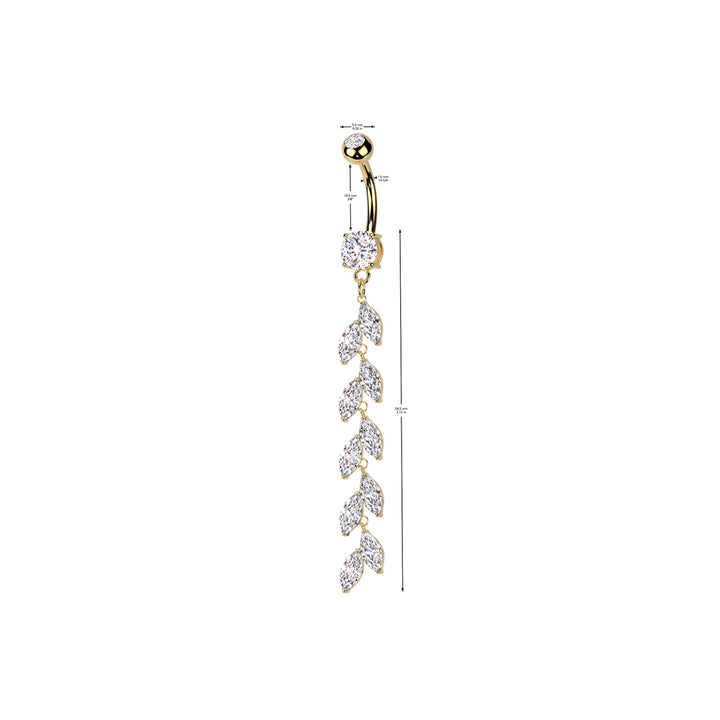 316L Surgical Steel Gold PVD Long White CZ Vine Dangle Belly Ring - Pierced Universe