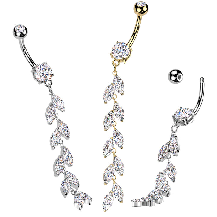 316L Surgical Steel Gold PVD Long White CZ Vine Dangle Belly Ring - Pierced Universe