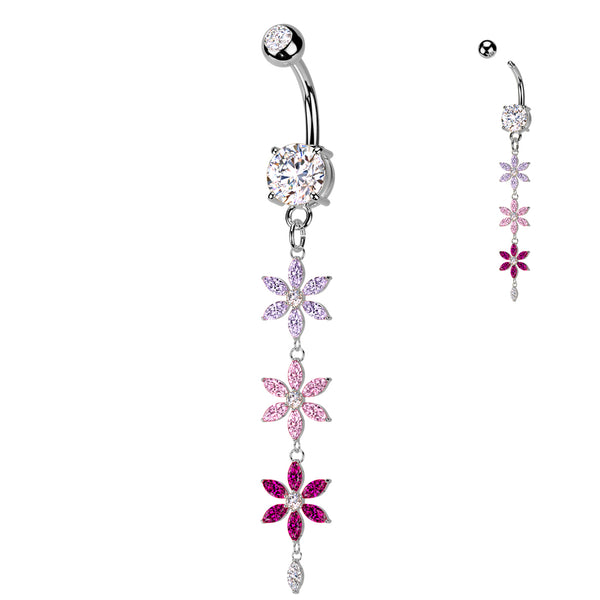 316L Surgical Steel Purple Pink & Red CZ Gem Flower Dangle Belly Ring - Pierced Universe