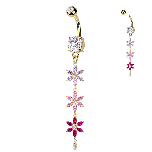 316L Surgical Steel Gold PVD Purple Pink & Red CZ Gem Flower Dangle Belly Ring - Pierced Universe