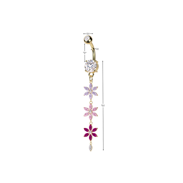 316L Surgical Steel Gold PVD Purple Pink & Red CZ Gem Flower Dangle Belly Ring - Pierced Universe