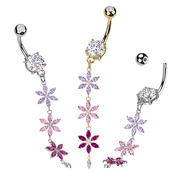 316L Surgical Steel Gold PVD Purple Pink & Red CZ Gem Flower Dangle Belly Ring - Pierced Universe