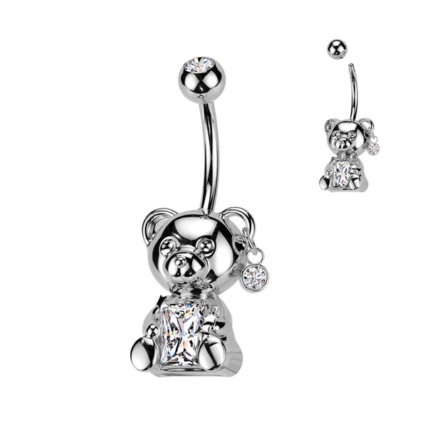 316L Surgical Steel White CZ Clawed Teddy Bear Belly Ring - Pierced Universe