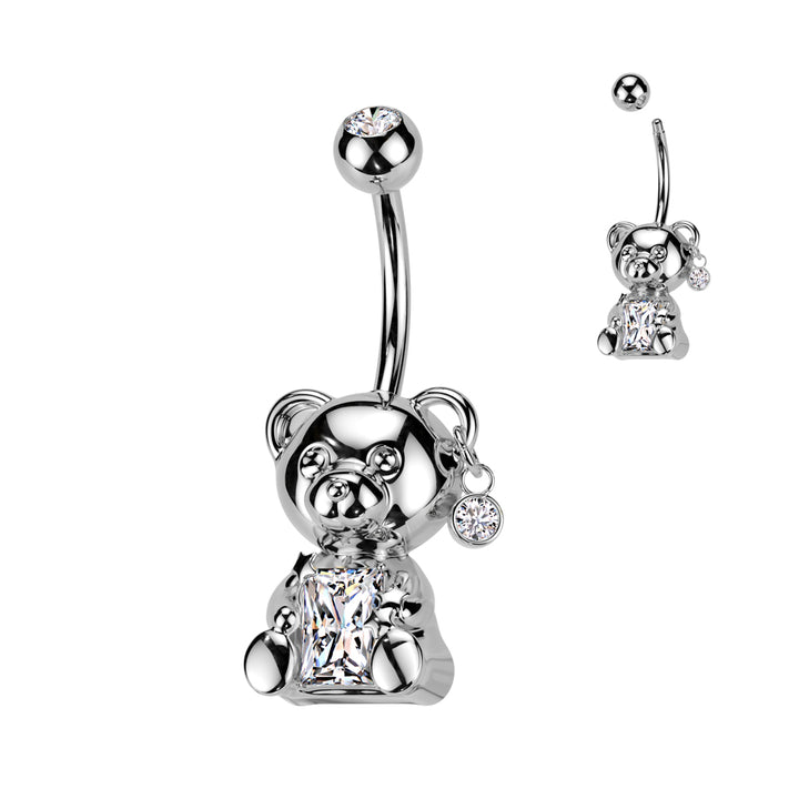 316L Surgical Steel White CZ Clawed Teddy Bear Belly Ring - Pierced Universe