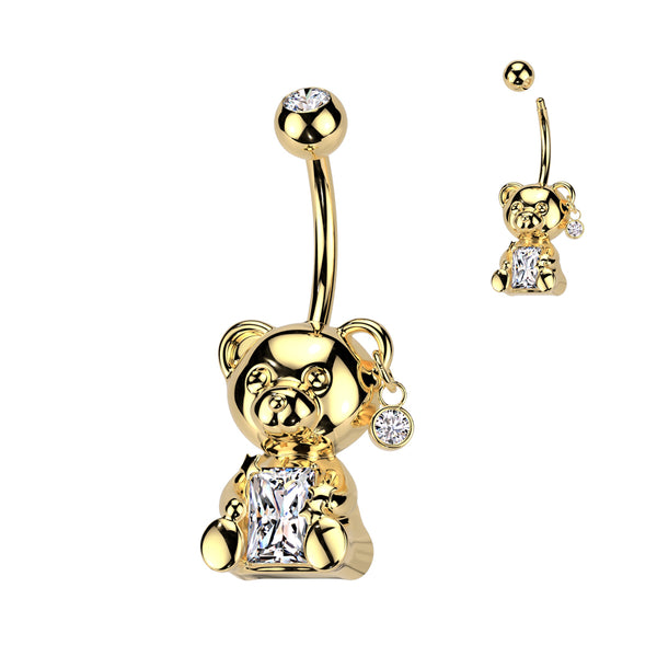 316L Surgical Steel Gold PVD White CZ Clawed Teddy Bear Belly Ring - Pierced Universe
