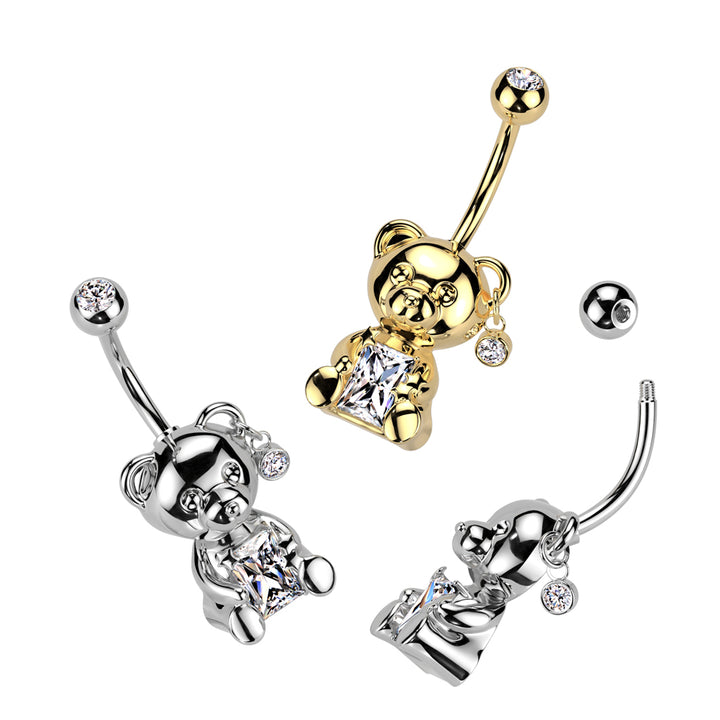 316L Surgical Steel Gold PVD White CZ Clawed Teddy Bear Belly Ring - Pierced Universe