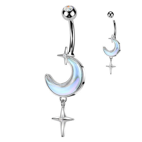 316L Surgical Steel Iridescent White CZ Crescent Moon Dangle Belly Ring - Pierced Universe