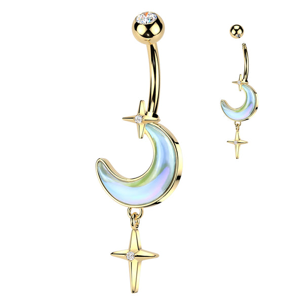 316L Surgical Steel Gold PVD Iridescent White CZ Crescent Moon Dangle Belly Ring - Pierced Universe