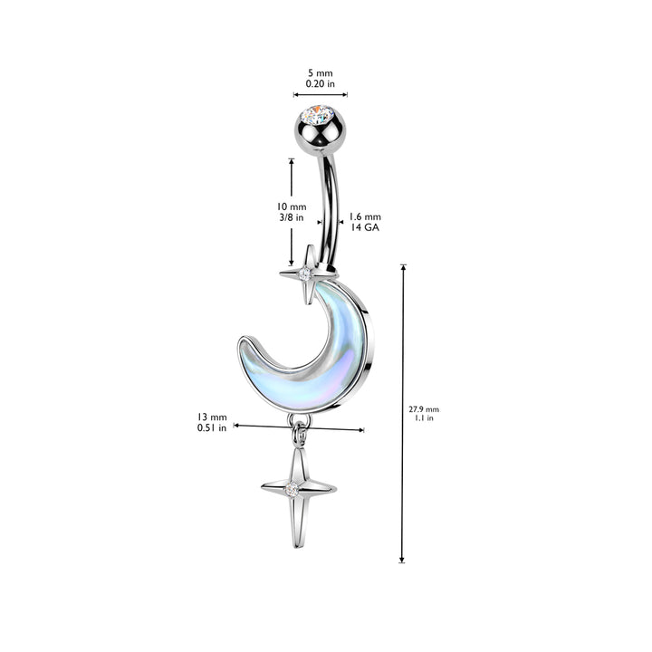 316L Surgical Steel Gold PVD Iridescent White CZ Crescent Moon Dangle Belly Ring - Pierced Universe