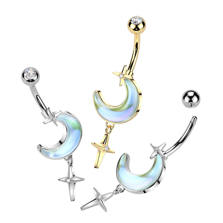 316L Surgical Steel Gold PVD Iridescent White CZ Crescent Moon Dangle Belly Ring - Pierced Universe