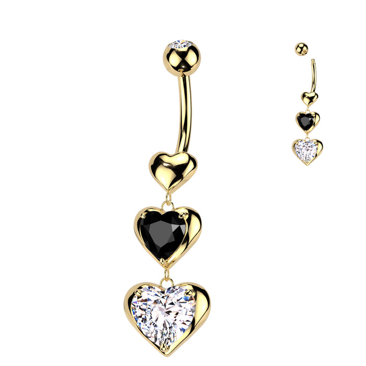 316L Surgical Steel Gold PVD Black & White CZ Heart Dangle Belly Ring - Pierced Universe