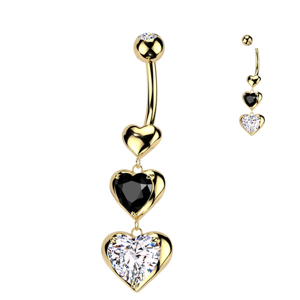 316L Surgical Steel Gold PVD Black & White CZ Heart Dangle Belly Ring - Pierced Universe