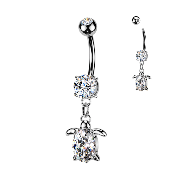 316L Surgical Steel White CZ Sea Turtle Gem Dangly Belly Ring - Pierced Universe