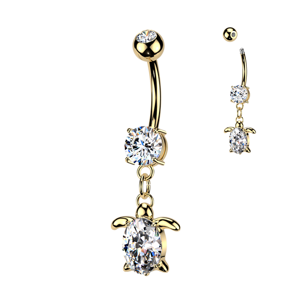 316L Surgical Steel Gold PVD White CZ Sea Turtle Gem Dangly Belly Ring