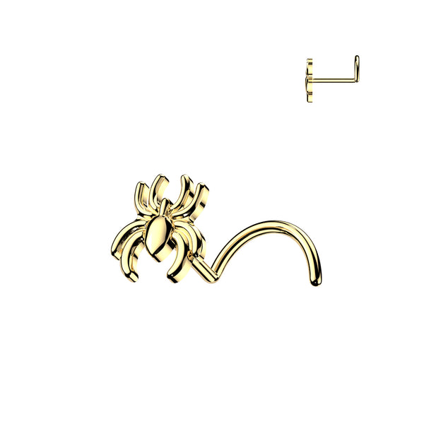 316L Surgical Steel Gold PVD Spider Corkscrew Nose Ring Stud - Pierced Universe