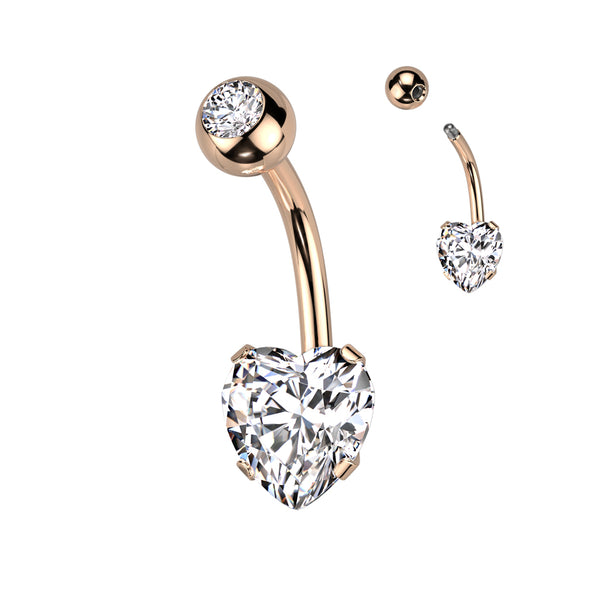 316L Surgical Steel Rose Gold PVD White CZ Heart Shaped Non Dangle Belly Ring - Pierced Universe