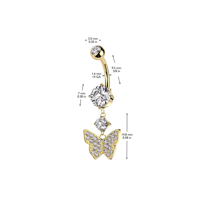 316L Surgical Steel Gold PVD White CZ Gem Butterfly Dangle Belly Ring - Pierced Universe