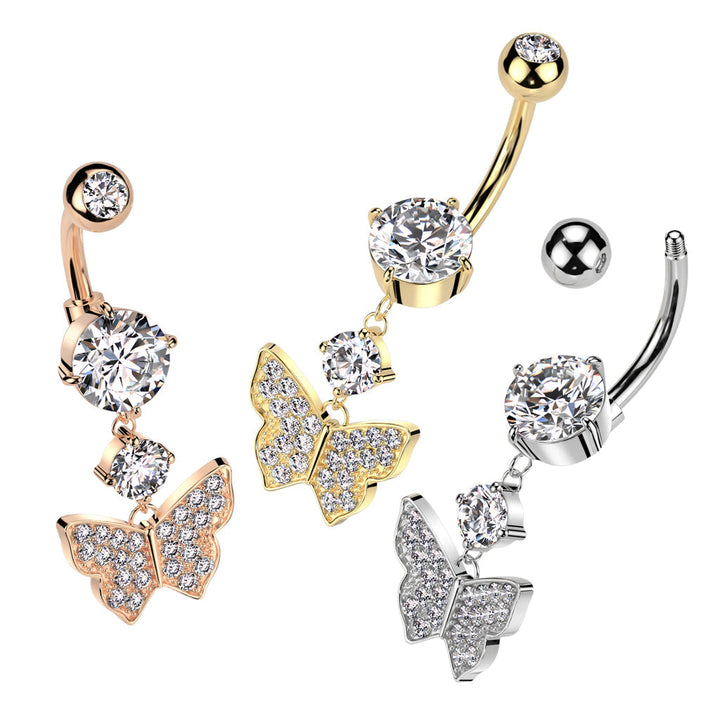 316L Surgical Steel Rose Gold PVD White CZ Gem Butterfly Dangle Belly Ring - Pierced Universe