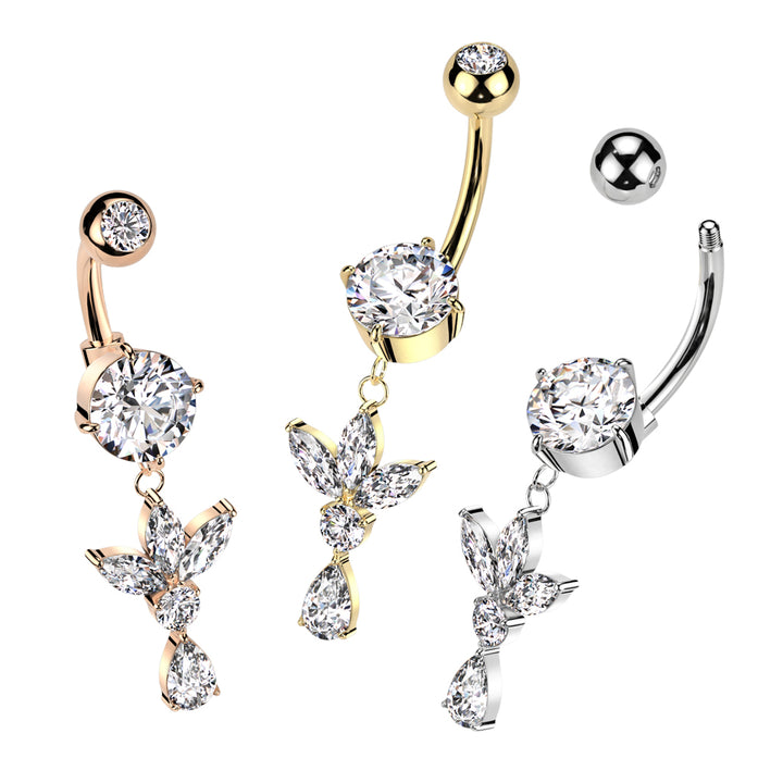 316L Surgical Steel White CZ Lotus With Teardrop Dangle Belly Ring - Pierced Universe