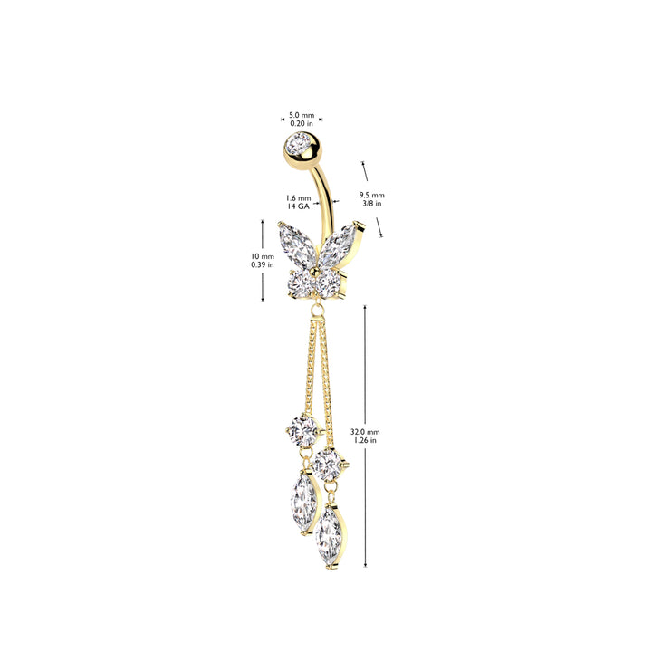 316L Surgical Steel Gold PVD White CZ Butterfly With Long Chain Marquise CZ Dangle Belly Ring - Pierced Universe