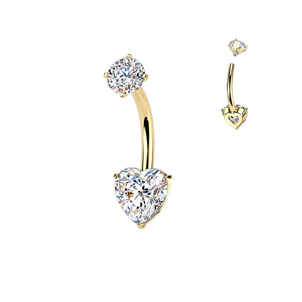 316L Surgical Steel Gold PVD Heart Shaped Dainty White CZ Internally Threaded Belly Ring