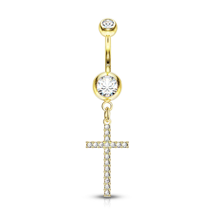 316L Surgical Steel Gold PVD White CZ Thin Cross Dangly Belly Ring - Pierced Universe