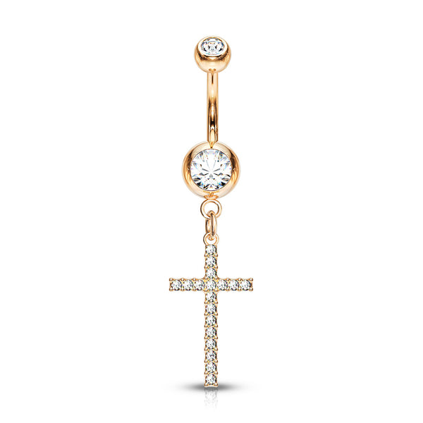 316L Surgical Steel Rose Gold PVD White CZ Thin Cross Dangly Belly Ring - Pierced Universe