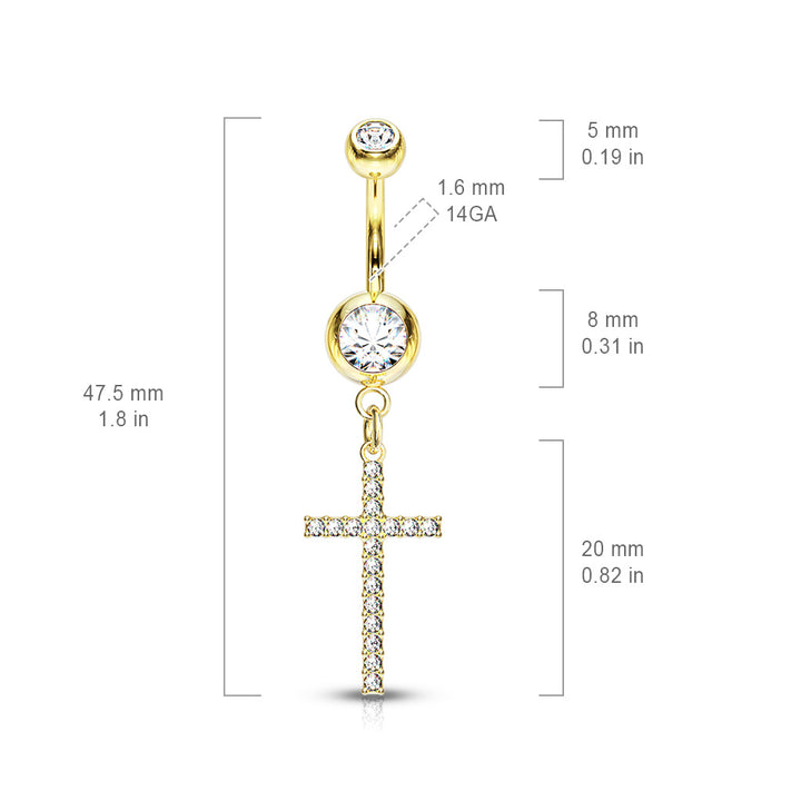 316L Surgical Steel Rose Gold PVD White CZ Thin Cross Dangly Belly Ring - Pierced Universe