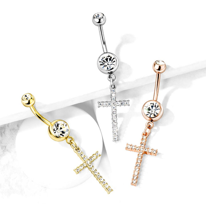 316L Surgical Steel Rose Gold PVD White CZ Thin Cross Dangly Belly Ring - Pierced Universe