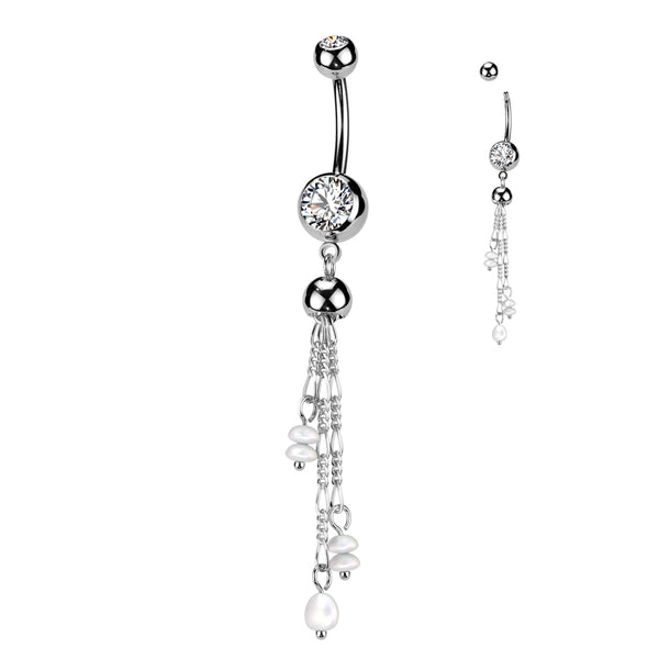316L Surgical Steel White CZ & Pearl Long Dangly Belly Ring - Pierced Universe