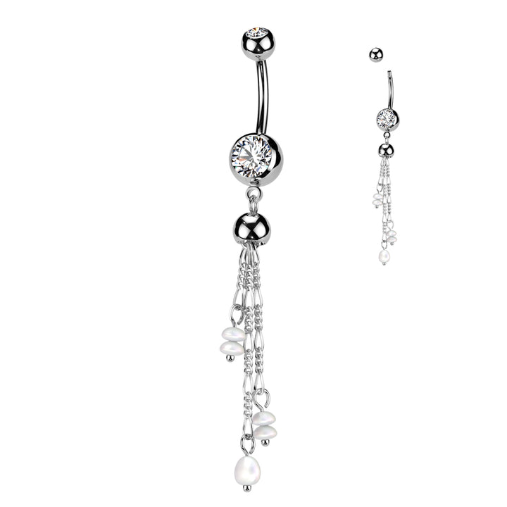 316L Surgical Steel White CZ & Pearl Long Dangly Belly Ring - Pierced Universe