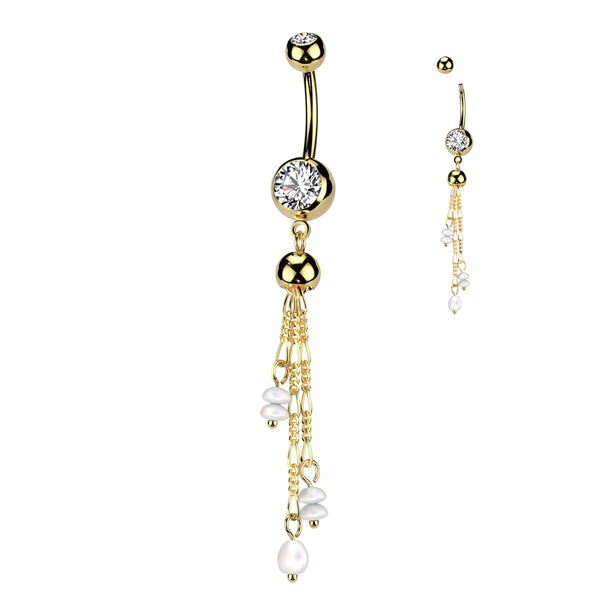 316L Surgical Steel Gold PVD White CZ & Pearl Long Dangly Belly Ring - Pierced Universe