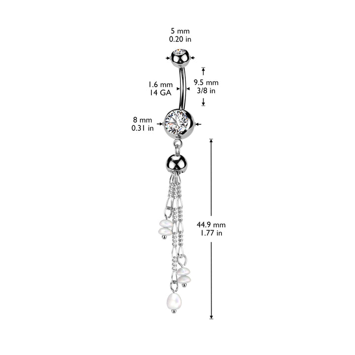 316L Surgical Steel Gold PVD White CZ & Pearl Long Dangly Belly Ring - Pierced Universe