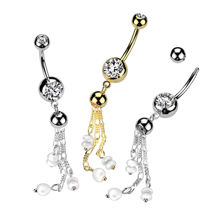 316L Surgical Steel Gold PVD White CZ & Pearl Long Dangly Belly Ring - Pierced Universe