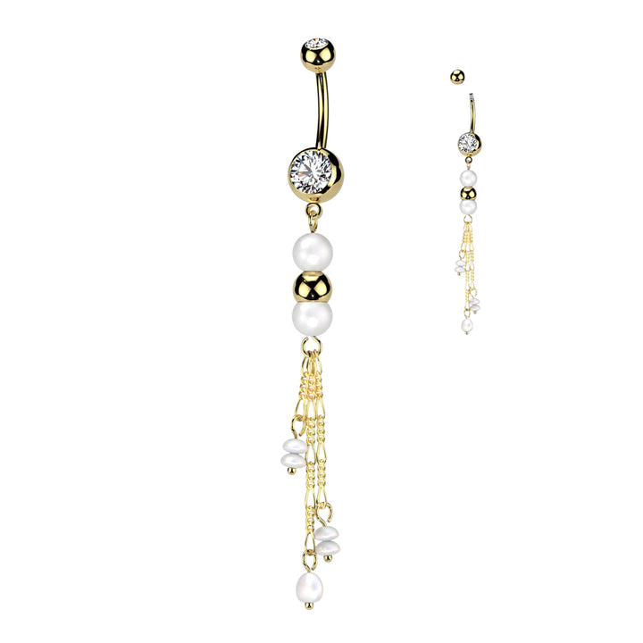 316L Surgical Steel Gold PVD White Pearl Gold Bead Dangly Belly Ring - Pierced Universe