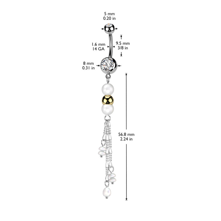 316L Surgical Steel Gold PVD White Pearl Gold Bead Dangly Belly Ring - Pierced Universe