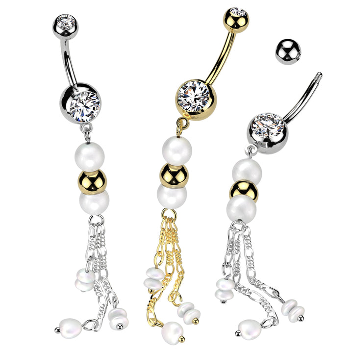 316L Surgical Steel Gold PVD White Pearl Gold Bead Dangly Belly Ring - Pierced Universe