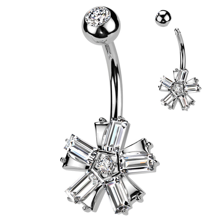 316L Surgical Steel White CZ Baguette 5 Petal Flower Belly Ring - Pierced Universe