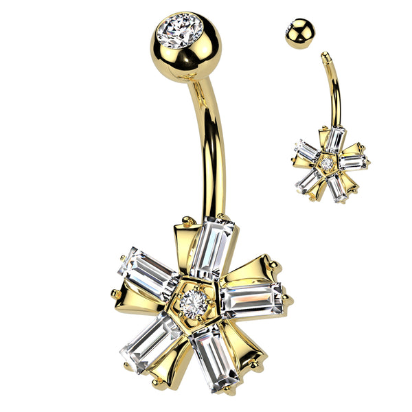316L Surgical Steel Gold PVD White CZ Baguette 5 Petal Flower Belly Ring - Pierced Universe