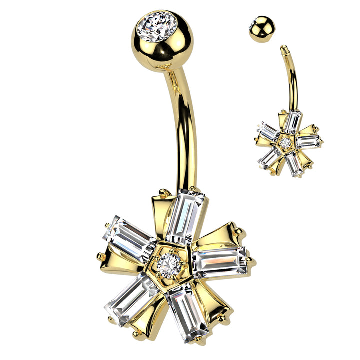 316L Surgical Steel Gold PVD White CZ Baguette 5 Petal Flower Belly Ring - Pierced Universe