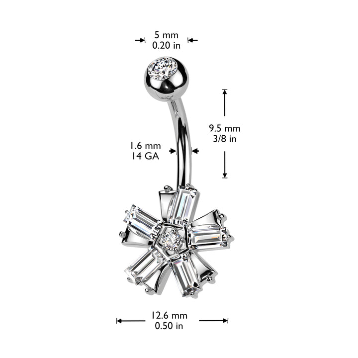 316L Surgical Steel Gold PVD White CZ Baguette 5 Petal Flower Belly Ring - Pierced Universe
