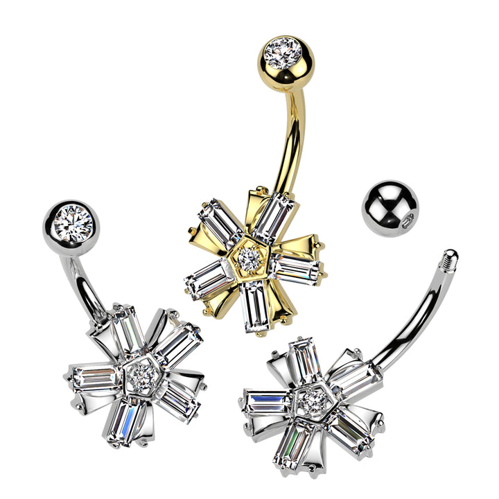 316L Surgical Steel Gold PVD White CZ Baguette 5 Petal Flower Belly Ring - Pierced Universe