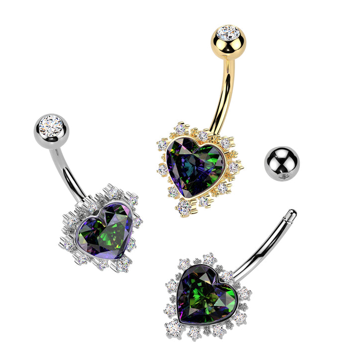 316L Surgical Steel Gold PVD White CZ & Vitrail Medium Heart Non Dangle Belly Ring - Pierced Universe