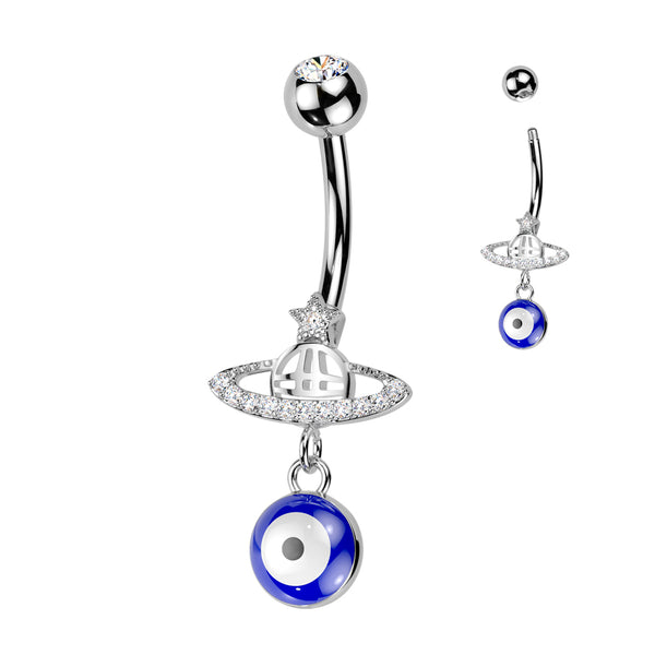 316L Surgical Steel Saturn Star Celestial Evil Eye Dangle Belly Ring - Pierced Universe