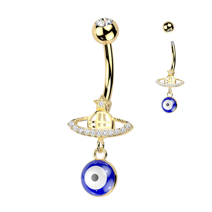 316L Surgical Steel Gold PVD Saturn Star Celestial Evil Eye Dangle Belly Ring - Pierced Universe