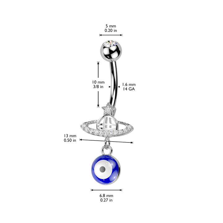 316L Surgical Steel Gold PVD Saturn Star Celestial Evil Eye Dangle Belly Ring - Pierced Universe